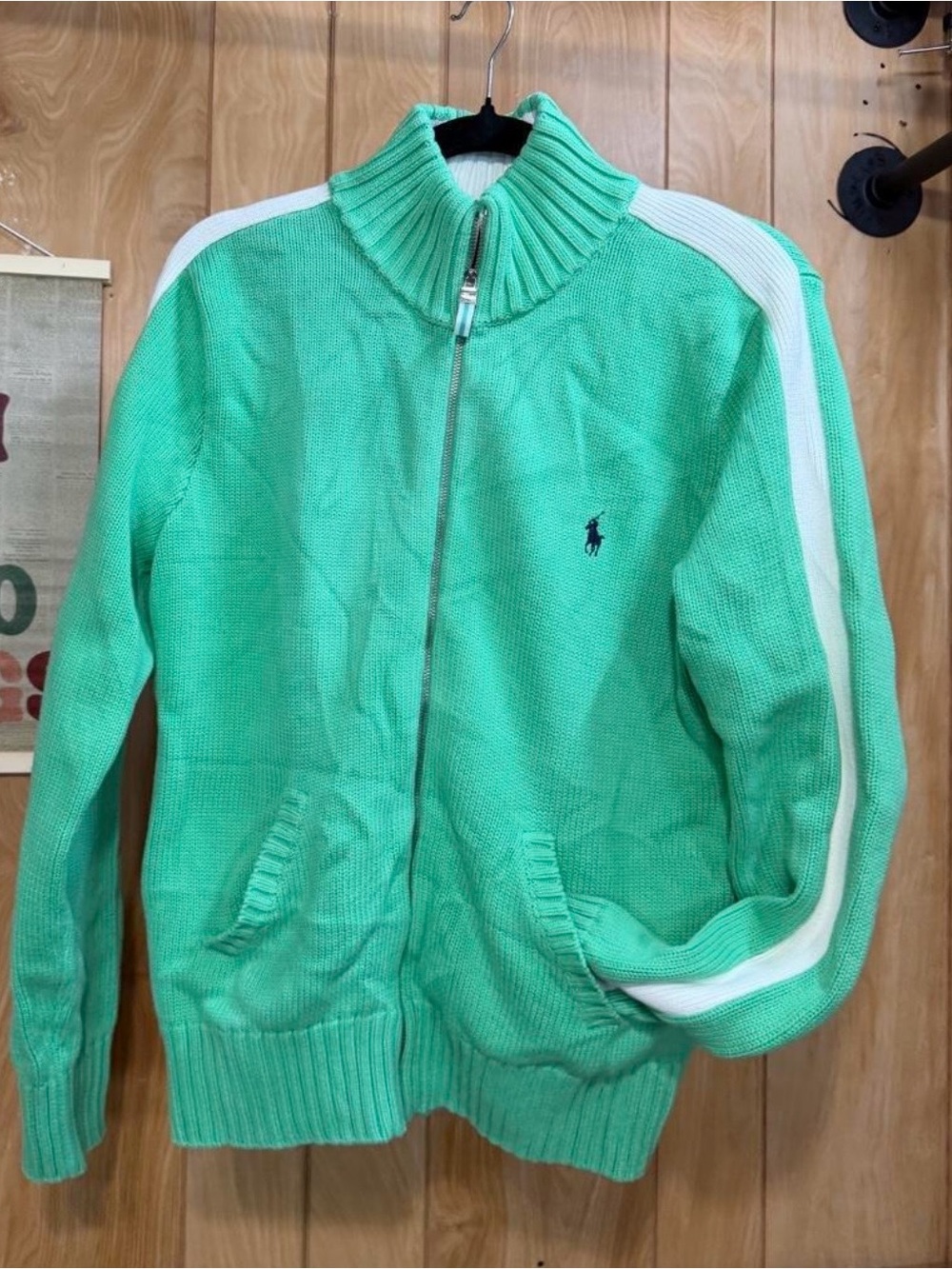 Ralph Lauren Women’s Mint Zip-Up Knit Jacket with White Trim Y2K